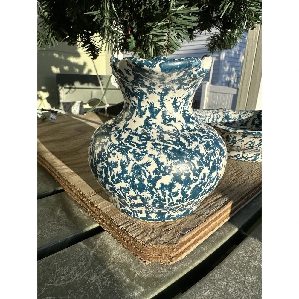 Vtg McCoy Blue Country Spongeware‎ Stoneware Pottery Small Pitcher And Bowl Set